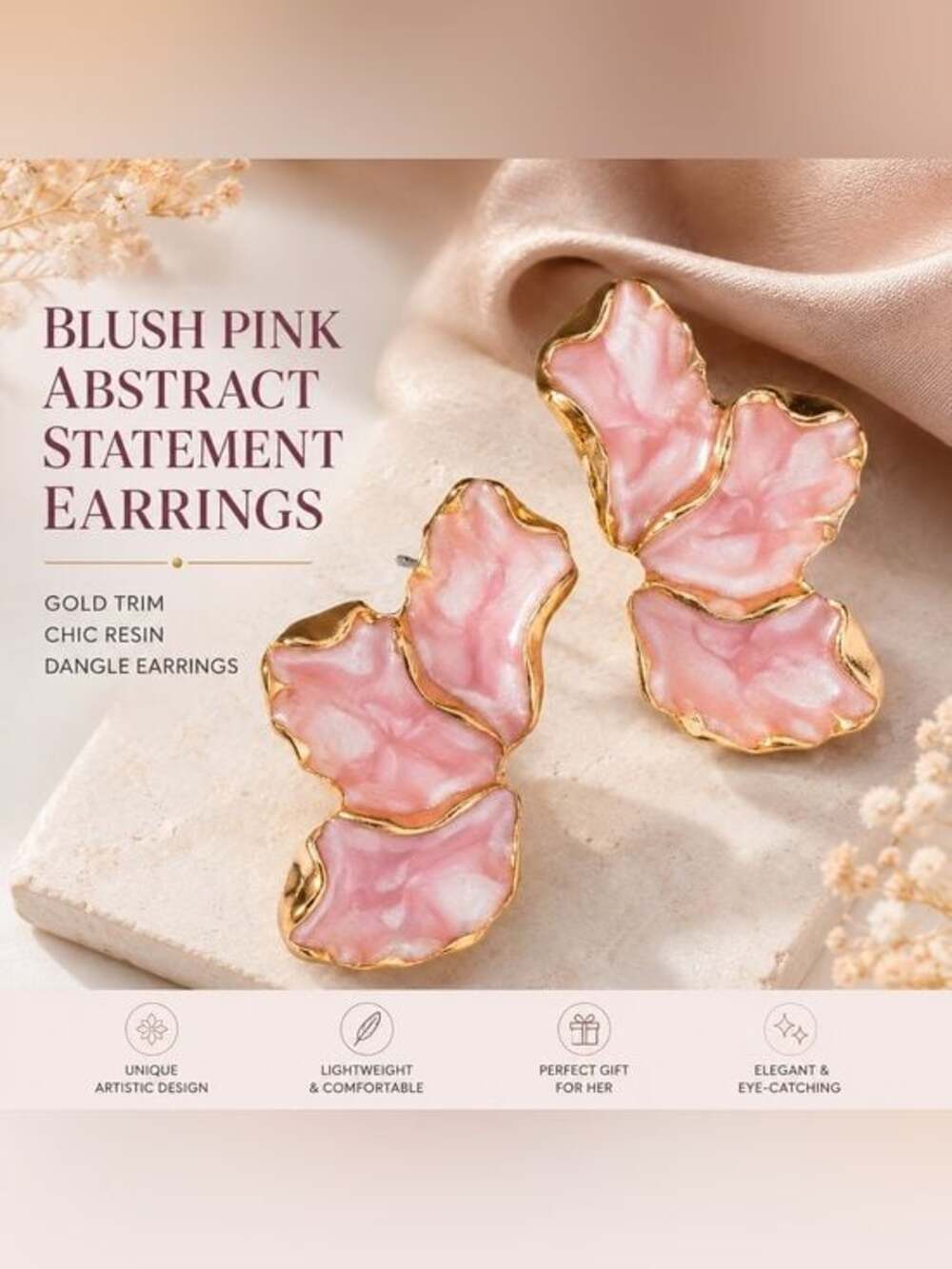 Elegant Pink Shell Petal Drop Earrings - Gold Trim - Picture 1 of 4